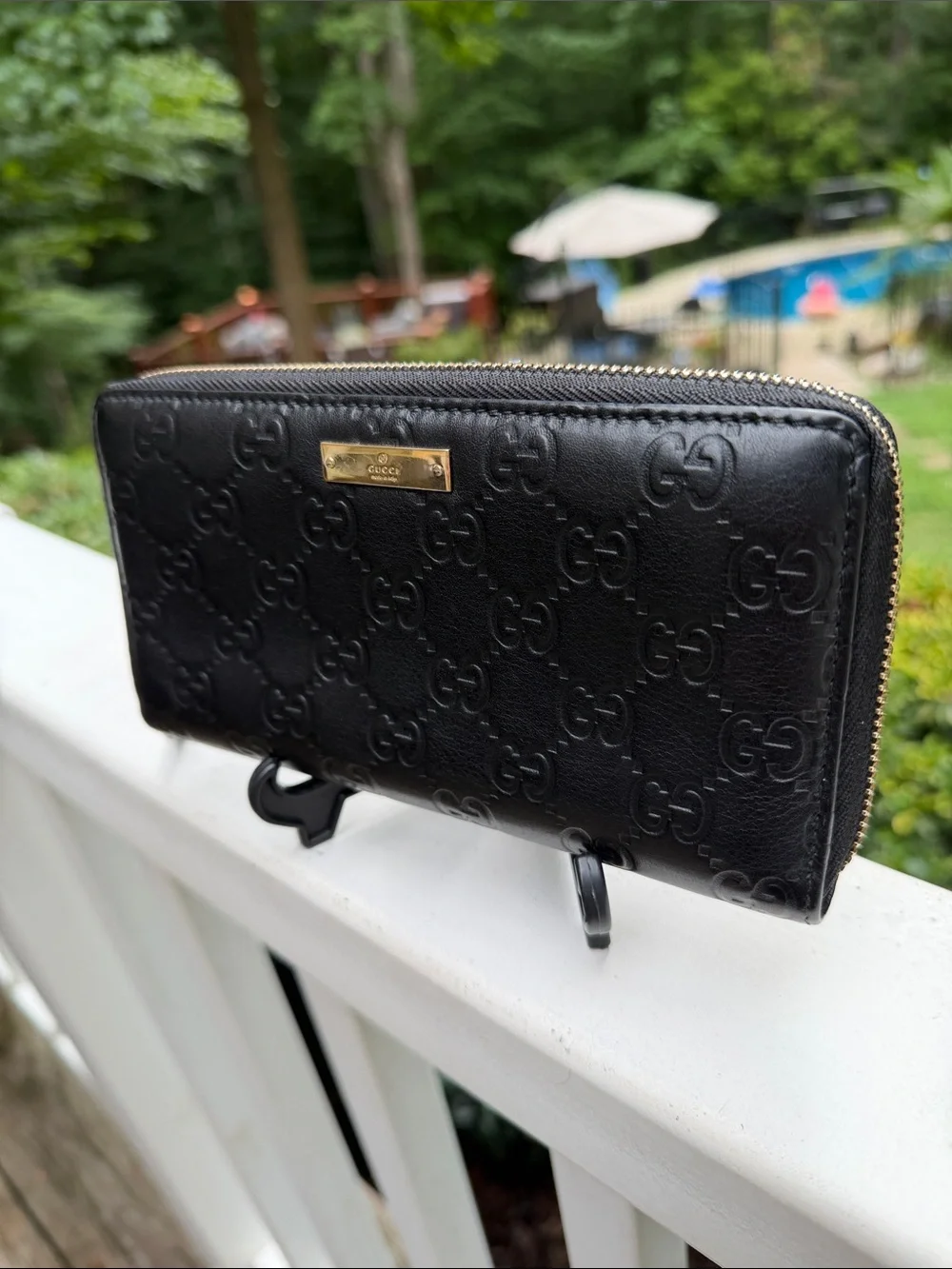 Gucci Black Embossed GG Leather Zip Wallet with Gold Plaque BEAUTIFUL
